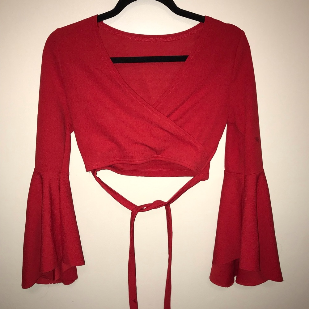 Red long flare sleeve crop top